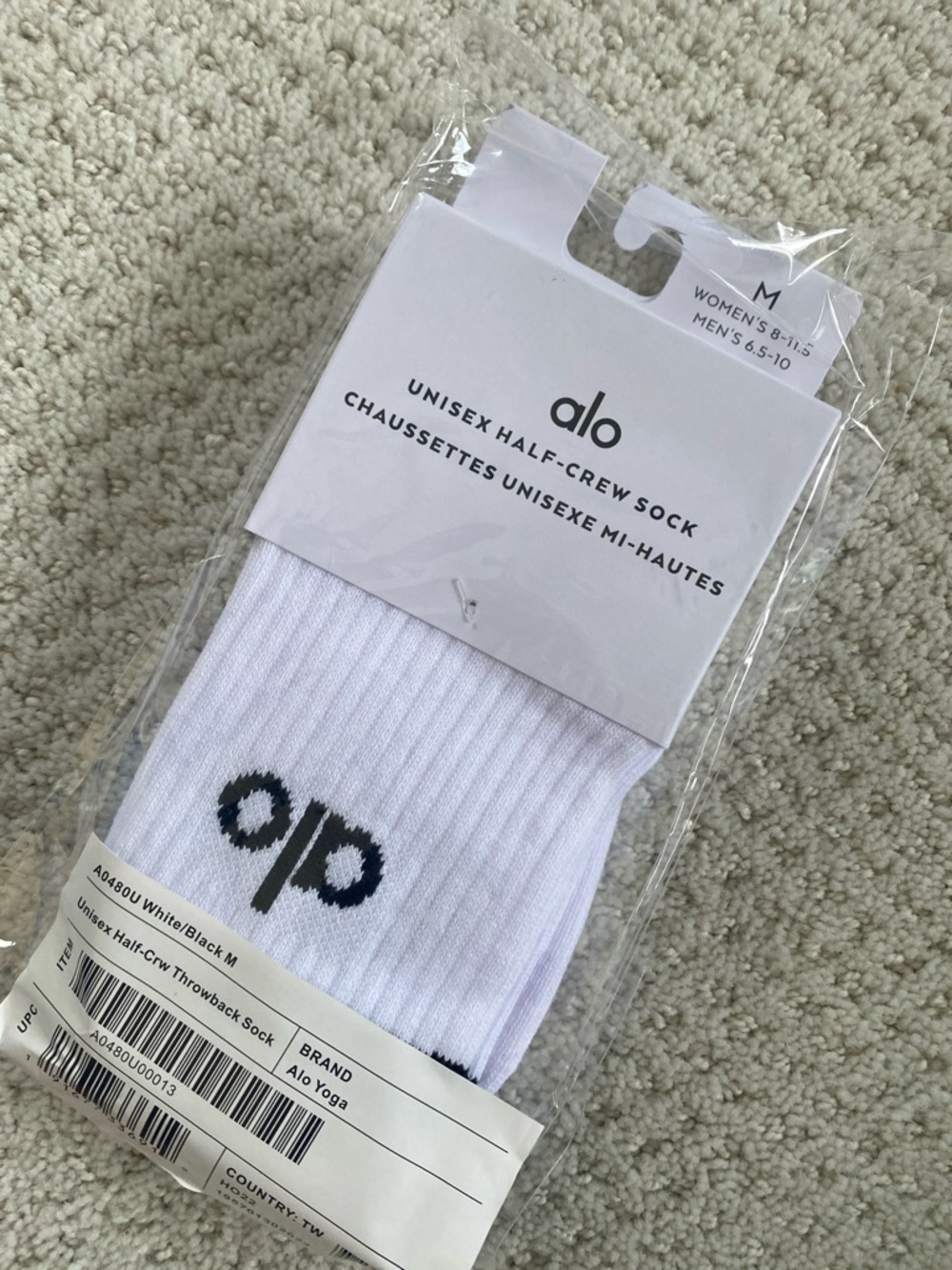 ALO Yoga White Half-Crew Athletic Socks with Black Logo